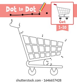 Juego educativo Punto a punto y libro de colorear de transporte de caricaturas de carro para niños preescolares actividad sobre el aprendizaje número 1-10 y la hoja de trabajo de práctica de escritura a mano. Ilustración vectorial.