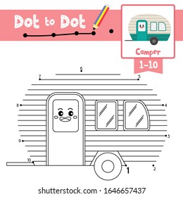 Dot to dot educational game and Coloring book of Camper cartoon transportations for preschool kids activity about learning counting number 1-10 and handwriting practice worksheet. Vector Illustration.