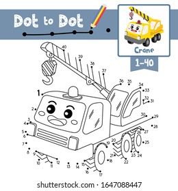 Dot to dot educational game and Coloring book of Crane cartoon transportations for kids activity about counting number and handwriting practice worksheet. Vector Illustration.