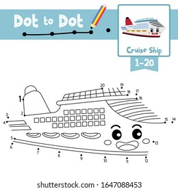 Dot to dot educational game and Coloring book of Cruise Ship cartoon transportations for kids activity about counting number 1-20 and handwriting practice worksheet. Vector Illustration.