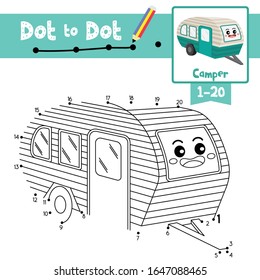 Dot to dot educational game and Coloring book of Camper cartoon transportations for kids activity about counting number 1-20 and handwriting practice worksheet. Vector Illustration.