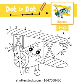 Dot to dot educational game and Coloring book of Biplane cartoon transportations for kids activity about counting number 1-20 and handwriting practice worksheet. Vector Illustration.