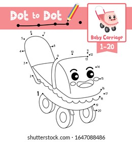 Dot to Dot pädagogisches Spiel und Farbbuch der Cartoons für Baby Carriage für Kinder Aktivitäten über die Zählung Nummer 1-20 und Handschriftenhandschrift Arbeitsblatt. Vektorillustration Illustration.