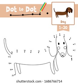 Dot to dot educational game and Coloring book of Dachshund animals cartoon for preschool kids activity about learning counting number 1-20 and handwriting practice worksheet. Vector Illustration.