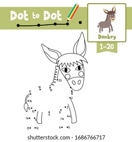 Dot to dot educational game and Coloring book of Donkey animals cartoon for preschool kids activity about learning counting number 1-20 and handwriting practice worksheet. Vector Illustration.