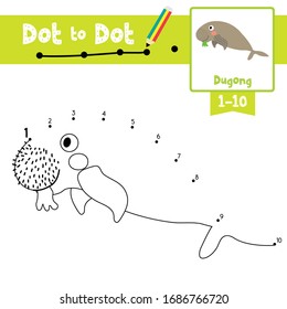 Dot to dot educational game and Coloring book of Dugong animals cartoon for preschool kids activity about learning counting number 1-10 and handwriting practice worksheet. Vector Illustration.