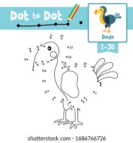 Dot to dot educational game and Coloring book of Dodo bird animals cartoon for preschool kids activity about learning counting number 1-30 and handwriting practice worksheet. Vector Illustration.