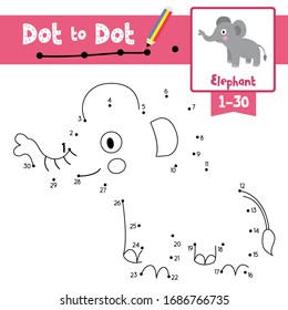 Dot to dot educational game and Coloring book of Elephant animals cartoon for preschool kids activity about learning counting number 1-30 and handwriting practice worksheet. Vector Illustration.