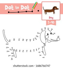 Dot to dot educational game and Coloring book of Dachshund animals cartoon for preschool kids activity about learning counting number 1-40 and handwriting practice worksheet. Vector Illustration.