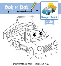Juego educativo Punto a punto y libro de Coloring de transporte de dibujos animados de Coche Dumper para los niños actividad sobre el recuento número 1-20 y la hoja de cálculo práctica de escritura a mano. Ilustración vectorial.