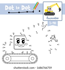 Dot to dot educational game and Coloring book of cute Excavator cartoon transportations for kids activity about learning counting number 1-40 and handwriting practice worksheet. Vector Illustration.