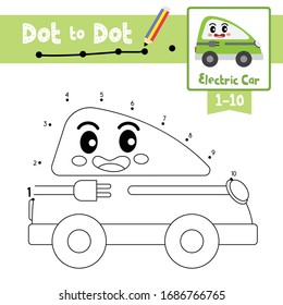 Dot to dot educational game and Coloring book of cute Electric Car cartoon transportations for kids activity about learning counting number 1-10 and handwriting practice worksheet. Vector Illustration