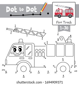 Dot to dot educational game Coloring book of cute Fire Truck cartoon transportations for preschool activity about learning counting number 1-30 and handwriting practice worksheet. Vector Illustration.