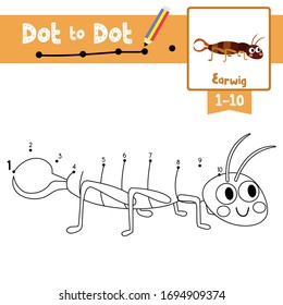 Dot to dot educational game and Coloring book of Earwig animals cartoon character for preschool kids activity about learning counting number 1-10 and handwriting practice worksheet. Vector Illustratio