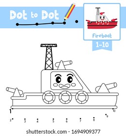 Dot to dot educational game Coloring book of Fireboat cartoon transportations for preschool kids activity about learning counting number 1-10 and handwriting practice worksheet. Vector Illustration.