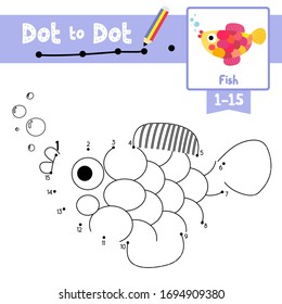 Dot to dot educational game and Coloring book of Fish animals cartoon character for preschool kids activity about learning counting number 1-15 and handwriting practice worksheet. Vector Illustration.