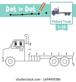 Dot to dot educational game Coloring book of Flatbed Truck cartoon transportations for preschool activity about learning counting number 1-10 and handwriting practice worksheet. Vector Illustration.