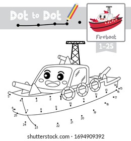 Dot to dot educational game and Coloring book of Fireboat cartoon transportations for kids activity about counting number 1-25 and handwriting practice worksheet. Vector Illustration.