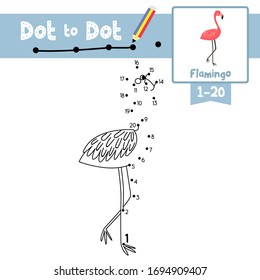 Dot to dot educational game and Coloring book of Standing Flamingo animals cartoon character for preschool kids activity about learning counting number 1-20 and handwriting practice worksheet. Vector 
