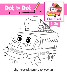 Dot to dot educational game and Coloring book of Food Truck cartoon transportations for kids activity about counting number 1-20 and handwriting practice worksheet. Vector Illustration.