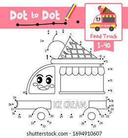 Dot to dot educational game Coloring book of Food Truck cartoon transportations for preschool kids activity about learning counting number 1-40 and handwriting practice worksheet. Vector Illustration.