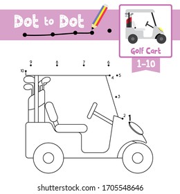 Dot to dot educational game and Coloring book of cute Golf Cart cartoon transportations for preschool kids learning counting number 1-10 and handwriting practice worksheet. Vector Illustration.