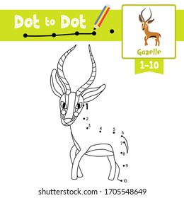 Dot to dot educational game and Coloring book of Gazelle animals cartoon character for preschool activity about learning counting number 1-10 and handwriting practice worksheet. Vector Illustration.