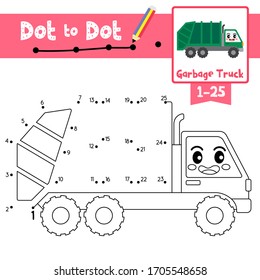 Dot to dot educational game and Coloring book of cute Garbage Truck cartoon transportations for preschool kids learning counting number 1-25 and handwriting practice worksheet. Vector Illustration.