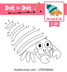 Dot to dot educational game and Coloring book of Hermit Crab animals cartoon character for preschool kids about learning counting number 1-20 and handwriting practice worksheet. Vector Illustration.