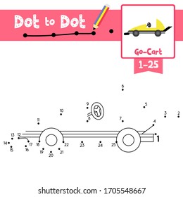 Dot to dot educational game and Coloring book of cute Go-Cart cartoon transportations for preschool kids about learning counting number 1-25 and handwriting practice worksheet. Vector Illustration.