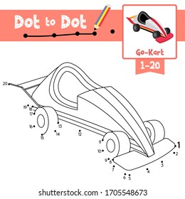 Dot to dot educational game and Coloring book of Go-Kart cartoon transportations for kids activity about counting number 1-20 and handwriting practice worksheet. Vector Illustration.