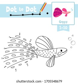 Dot to dot educational game and Coloring book of Guppy animals cartoon character for preschool kids activity about learning counting number 1-10 and handwriting practice worksheet. Vector Illustration