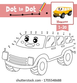 Dot to dot educational game and Coloring book of Humvee cartoon transportations for kids activity about counting number 1-20 and handwriting practice worksheet. Vector Illustration.