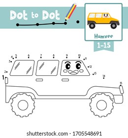 Dot to dot educational game and Coloring book of cute Humvee cartoon transportations for preschool kids  about learning counting number 1-15 and handwriting practice worksheet. Vector Illustration.