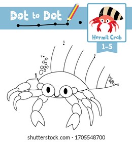 Dot to dot educational game and Coloring book of Hermit Crab animals cartoon character for preschool kids  about learning counting number 1-5 and handwriting practice worksheet. Vector Illustration.