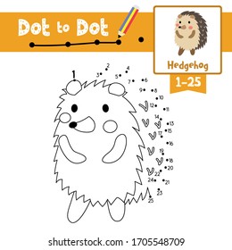 Dot to dot educational game and Coloring book of Hedgehog animals cartoon character for preschool kids about learning counting number 1-25 and handwriting practice worksheet. Vector Illustration.