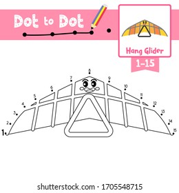 Dot to dot educational game and Coloring book of cute Hang Glider cartoon transportations for preschool kids learning counting number 1-15 and handwriting practice worksheet. Vector Illustration.