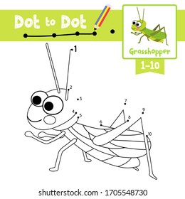 Juego educativo Punto a punto y libro de colorear de caricatura de animales Grasshopper para niños de preescolar acerca de aprender conteo número 1-10 y hoja de trabajo de práctica de escritura a mano. Ilustración vectorial.