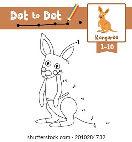 Juego educativo Punto a punto y libro de colorear de animales canguros caricatura para niños preescolares actividad sobre el aprendizaje número 1-10 y la hoja de trabajo de práctica de escritura a mano. Ilustración vectorial.