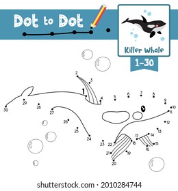 Juego educativo Punto a punto y libro de Coloreo de animales asesinos de ballena caricatura para niños preescolares actividad sobre el aprendizaje número 1-30 y la hoja de trabajo de práctica de escritura a mano. Ilustración vectorial.