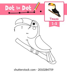 Dot to dot educational game and Coloring book of Toucan bird animals cartoon for preschool kids activity about learning counting number 1-5 and handwriting practice worksheet. Vector Illustration.