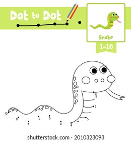 Dot to dot educational game and Coloring book of Green Snake animals cartoon for preschool kids activity about learning counting number 1-10 and handwriting practice worksheet. Vector Illustration.