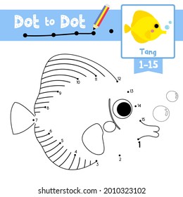 Dot to dot educational game and Coloring book of Yellow Tang fish animals cartoon for preschool kids activity about counting number 1-15 and handwriting practice worksheet. Vector Illustration.