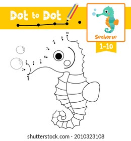 Dot to dot educational game and Coloring book of Seahorse animals cartoon for preschool kids activity about learning counting number 1-10 and handwriting practice worksheet. Vector Illustration.