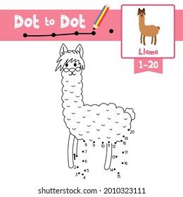 Dot to dot educational game and Coloring book of Brown Llama animals cartoon for preschool kids activity about learning counting number 1-20 and handwriting practice worksheet. Vector Illustration.