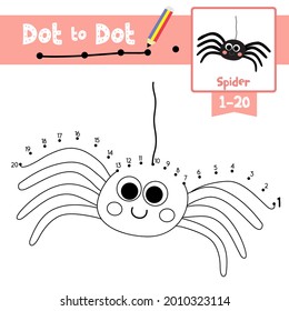 Dot to dot educational game and Coloring book of Black Spider animals cartoon for preschool kids activity about learning counting number 1-20 and handwriting practice worksheet. Vector Illustration.