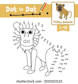 Dot to dot educational game and Coloring book of Yellow Baboon monkey animals for preschool kids activity about learning counting number 1-45 and handwriting practice worksheet. Vector Illustration.