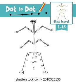 Dot to dot educational game and Coloring book of Stick Insectanimals cartoon for preschool kids activity about learning counting number 1-15 and handwriting practice worksheet. Vector Illustration.