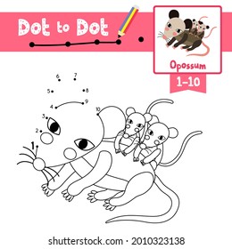 Dot to dot educational game and Coloring book of Opossum animals cartoon for preschool kids activity about learning counting number 1-10 and handwriting practice worksheet. Vector Illustration.