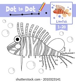 Dot to dot educational game and Coloring book of Lionfish animals cartoon for preschool kids activity about learning counting number 1-20 and handwriting practice worksheet. Vector Illustration.